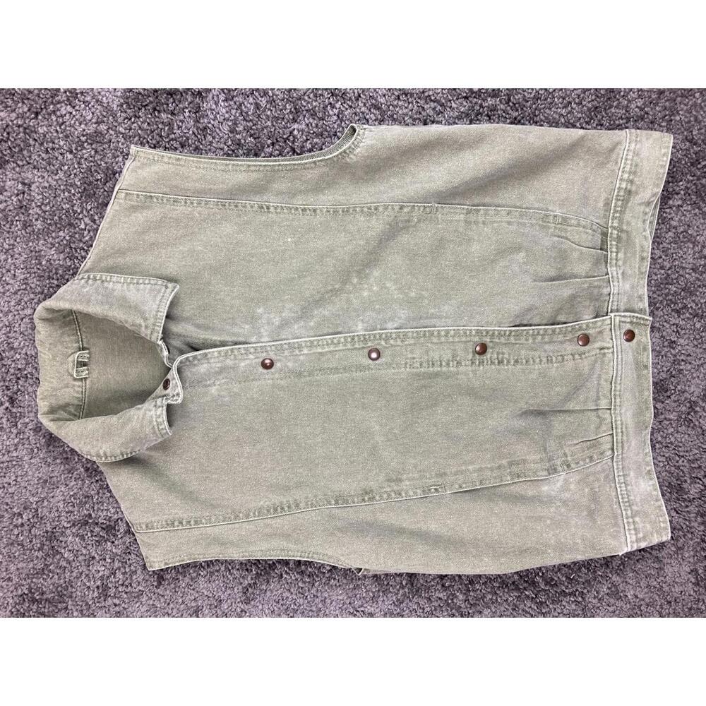 St Michael Vintage Denim Vest Sage Green Snap Front Collared UK 8 100% Cotton
